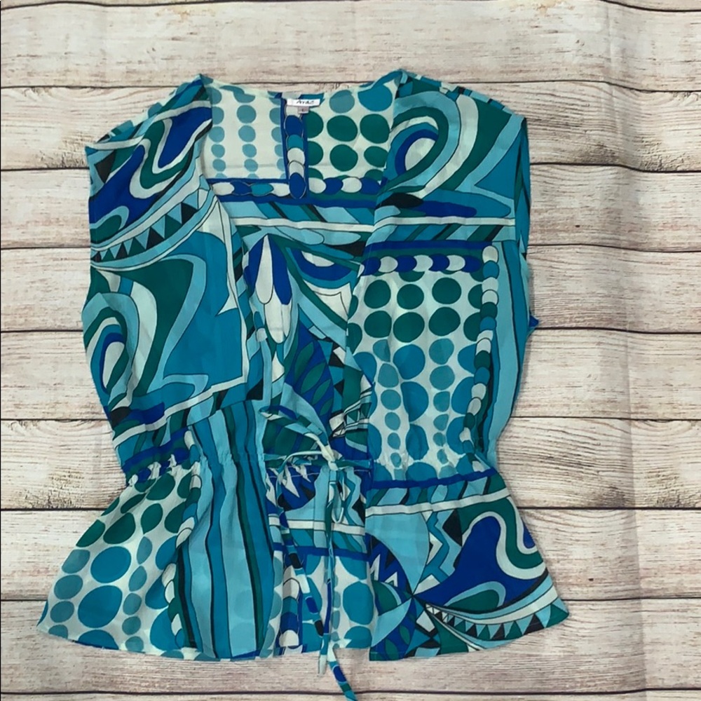 Green and Blue Patterned Tie Front Top